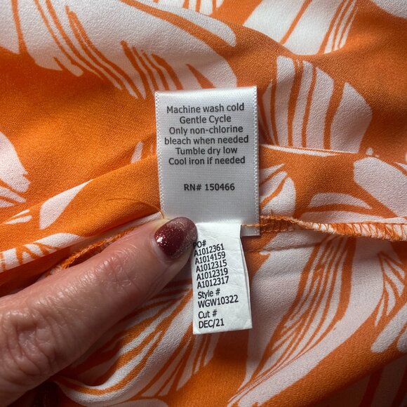 41 HAWTHORN Orange White Leaf Print Breyson Pleat Split Neck Blouse Womens L EUC - Picture 5 of 7
